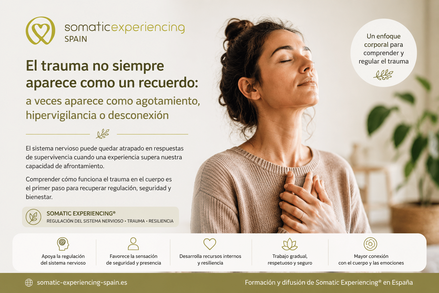 Mujer en estado de calma representando regulación del sistema nervioso y trauma corporal en Somatic Experiencing®.